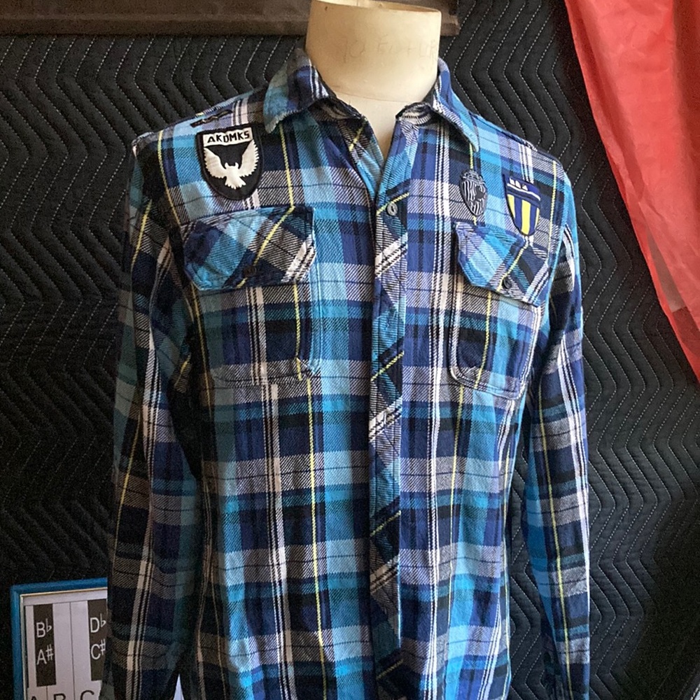AKDvKS  Blue / Black plaid , Military Patches Flannel L